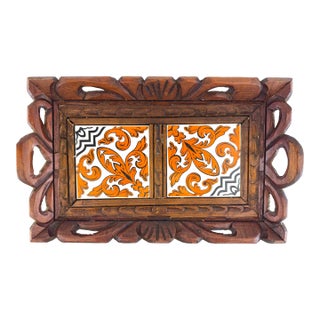 Vintage Handcrafted Wooden Tray With Orange and Black Tile Inlay For Sale