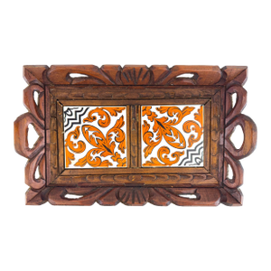 Vintage Handcrafted Wooden Tray With Orange and Black Tile Inlay