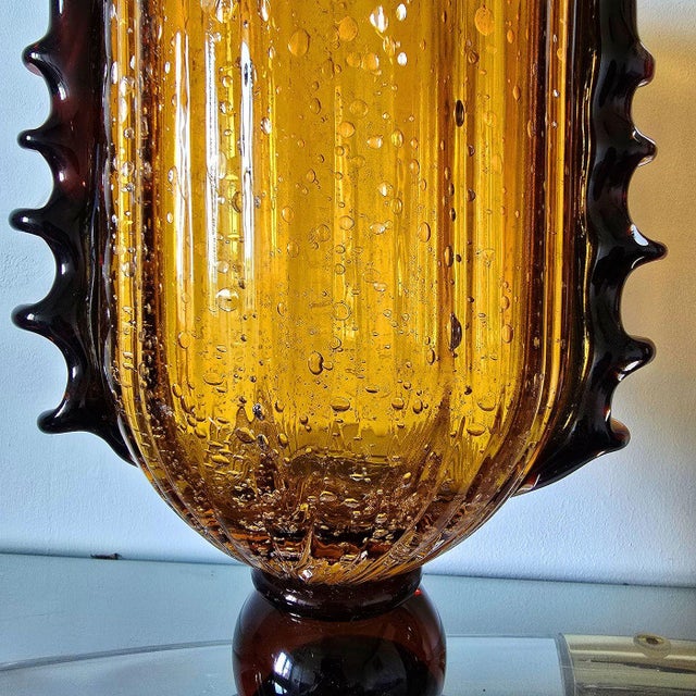 Amber 1980s Pair of Amber Murano Glass Vases, Neoclassical Style For Sale - Image 8 of 10