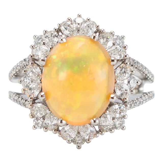 18k White Gold 4.18ct Fire Opal Halo Pear Shape & Round Diamond Cocktail Ring, Size 9.25 For Sale