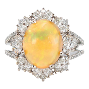 18k White Gold 4.18ct Fire Opal Halo Pear Shape & Round Diamond Cocktail Ring, Size 9.25