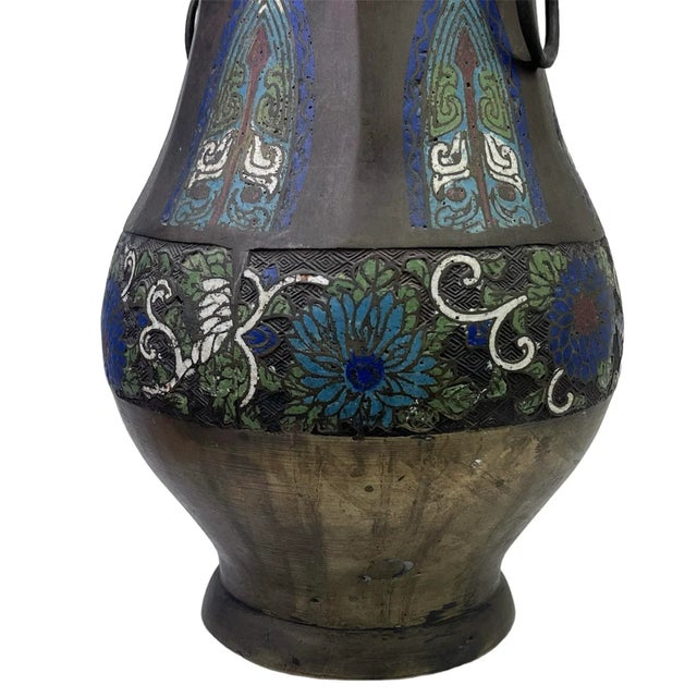 Early 1900s Antique Chinese Bronze Champleve Urn With Handles For Sale - Image 6 of 10