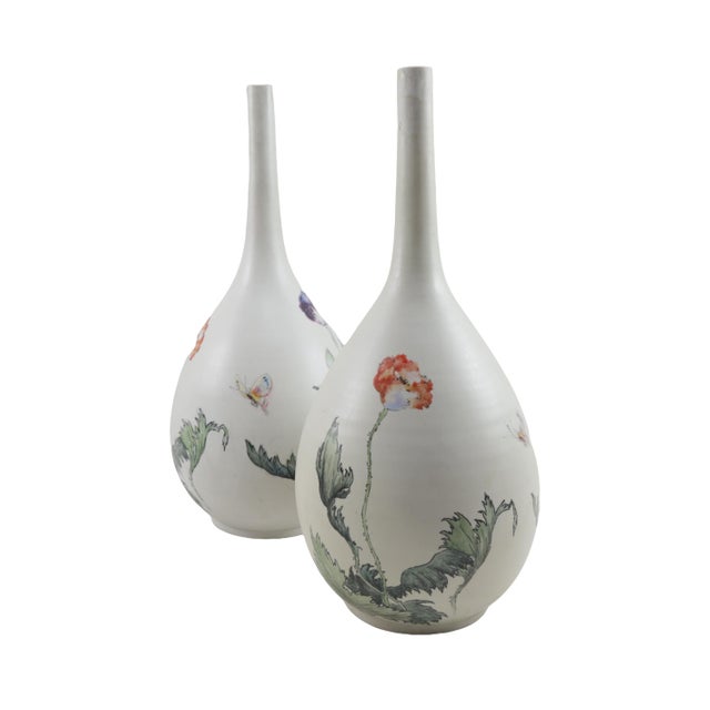 Art Deco Pair Vintage Porcelain With Hand Painted Flowers Motif Vase For Sale - Image 3 of 11
