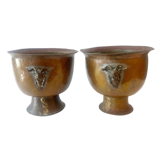 Pair of Copper and Mixed Metal late 19th Century Jardinieres with Ram Handles For Sale