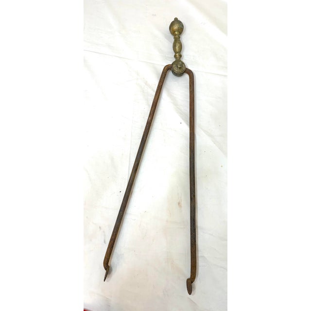 Brass Antique 18th Century Wrought Iron Turned Brass English Fireplace Tongs Tool 11 For Sale - Image 8 of 10