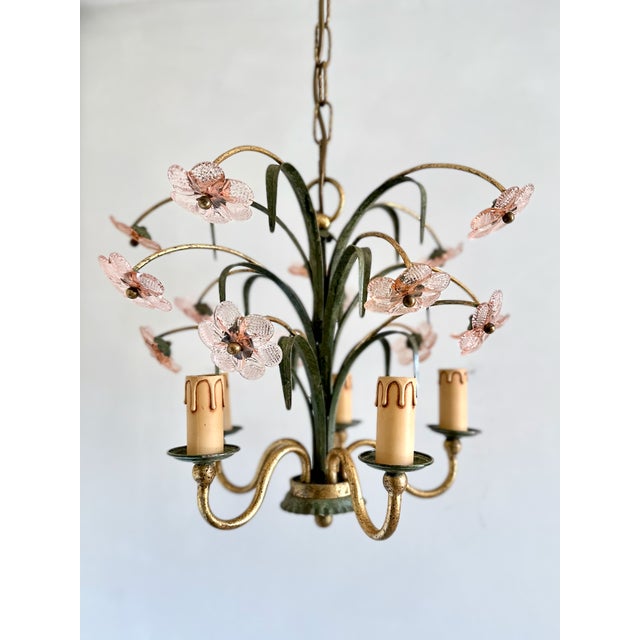 Italian Pink Glass Floral Chandelier with Gilt Tole Leaves from Banci Firenze, 1970s For Sale - Image 16 of 16