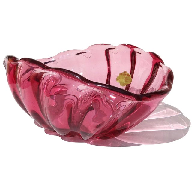 Beautiful vintage Murano hand blown Sommerso pink Italian art glass ribbed surface decorative bowl / ashtray. Documented...