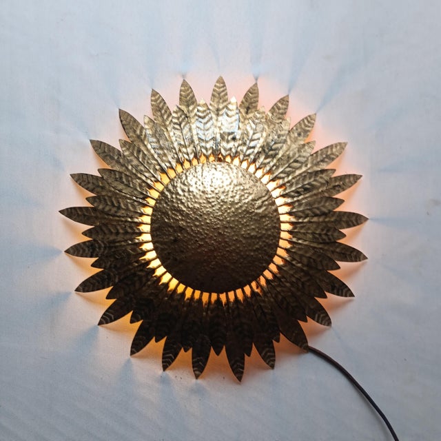 Mid-Century Modern Spanish Metal Gold Leaf Sunburst Ceiling Fixture, 1960s For Sale - Image 3 of 8