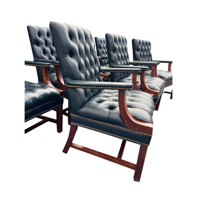 Chesterfield Tufted Blue Leather Arm Chairs Set of 7 English Style With Brass Nailhead Accent's For Sale - Image 11 of 12
