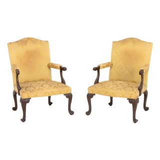 Pair of Late George II Mahogany Golden Silk Brocade Upholstered Armchairs For Sale
