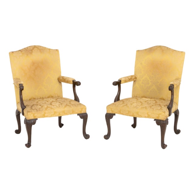 Pair of Late George II Mahogany Golden Silk Brocade Upholstered Armchairs For Sale