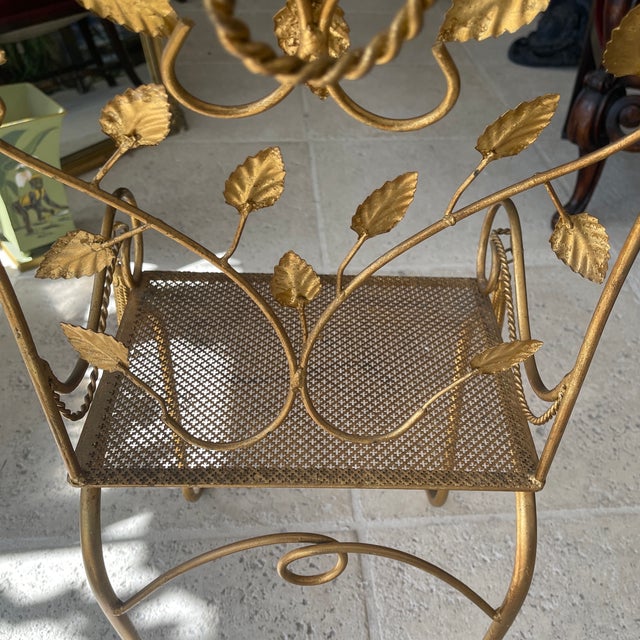 Vintage Italy Toleware Gold Tassel & Leaf Design Petite Chair For Sale - Image 9 of 9