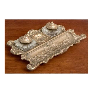 Vintage Rococò Style Brass and Crystal Double Inkwells and Stand For Sale