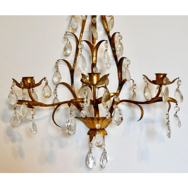 Hollywood Regency Italian Tole Gold Triple Arm Candle Wall Sconce With Crystals For Sale - Image 3 of 12
