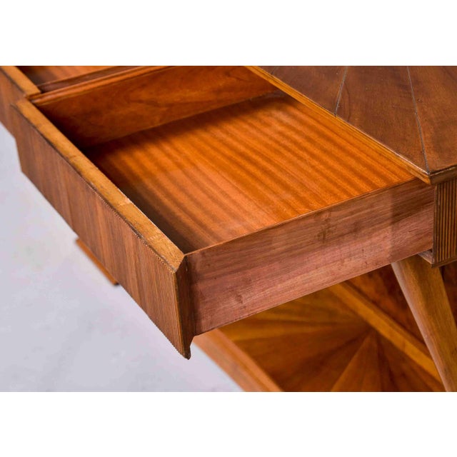Wood Italian Art Deco Three Drawer Walnut Console With Crotch Veneer For Sale - Image 7 of 12