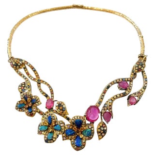 Bochic “Capri” Ruby, Blue Opal & Multi Sapphire Collier Set In 18K Gold & Silver For Sale