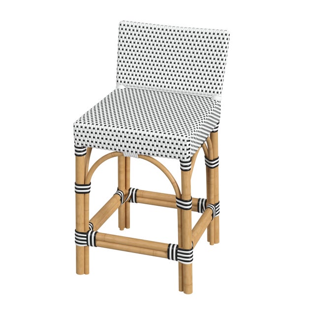Dark Gray Serienna 24.5 in. Seat Height Rectangular Rattan Low Back Counter Stool, White/Black Dot/ Natural Rattan Frame For Sale - Image 8 of 8