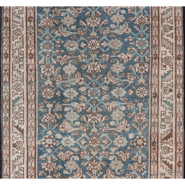 Textile Hamedan Antique Persian Rug With Sub-Geometric Design in Blues and Neutrals For Sale - Image 7 of 12