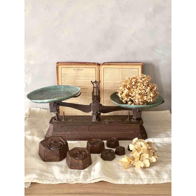 Industrial Antique French Roberval System Scale in Cast Iron and Brass with Ring, 1890s, Set of 8 For Sale - Image 3 of 15