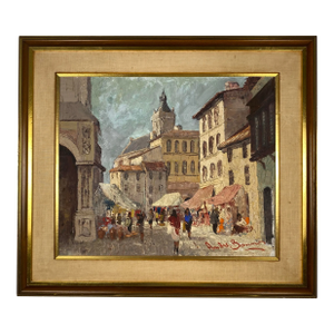 French Village Street Scene Oil on Canvas Painting, Cityscape Painting in France