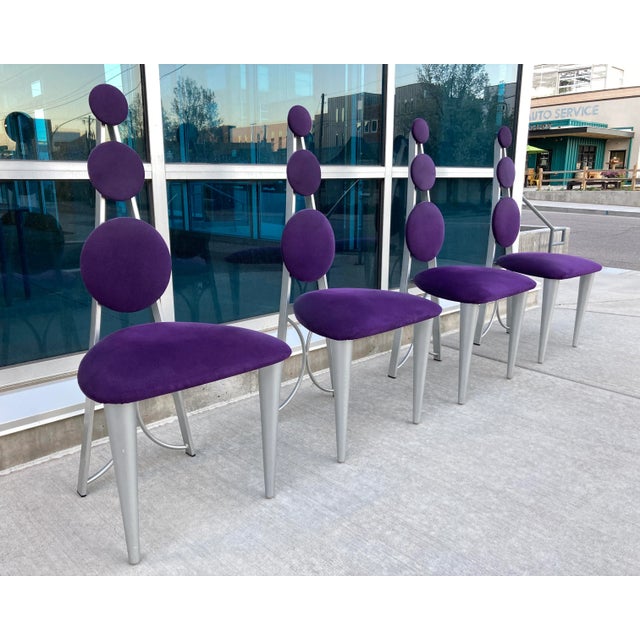 Memphis Style Dining Chairs in Purple & Green Microsuede Upholstered Panels For Sale - Image 10 of 13