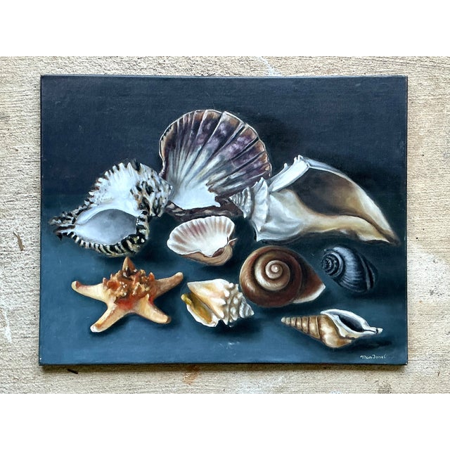 Cerulean Vintage Mon Jones Shell Still Life Oil Painting For Sale - Image 8 of 12