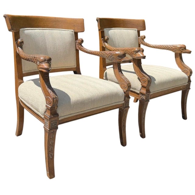 Vintage Neoclassical Carved Dolphin Armchairs, Pair For Sale