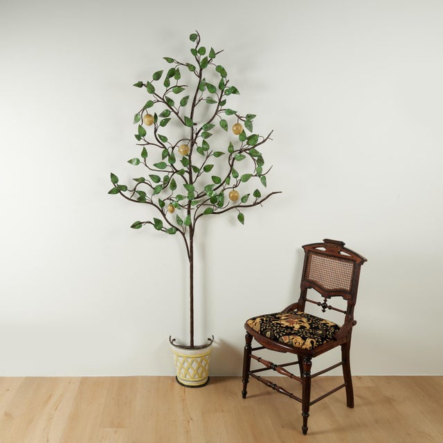 Whimsical mid century Italian lemon tree handcrafted in metal with hand decorated leaves and fruit in a wall mount tole...