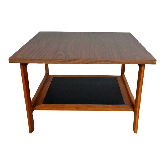 MCM Square Walnut End Table Lower Shelf Black Faux Leather Insert Laminate Top For Sale