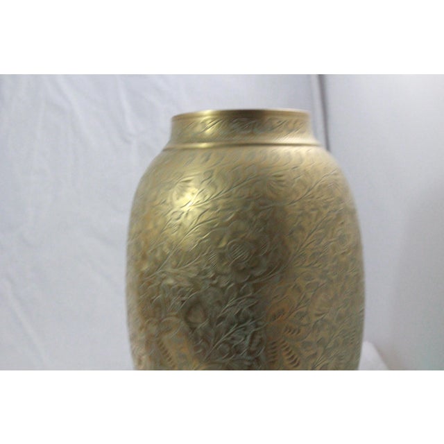 Chinese Pair of Antique Chinese Etched Solid Brass Vases For Sale - Image 3 of 7