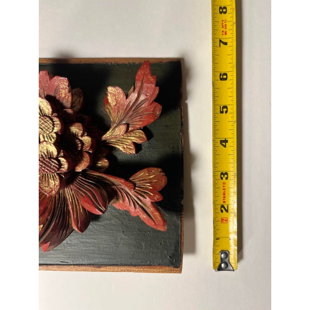 Antique Chinese Hand Carved Red Laquer & Gilt High Relief Wood Panel For Sale - Image 9 of 9