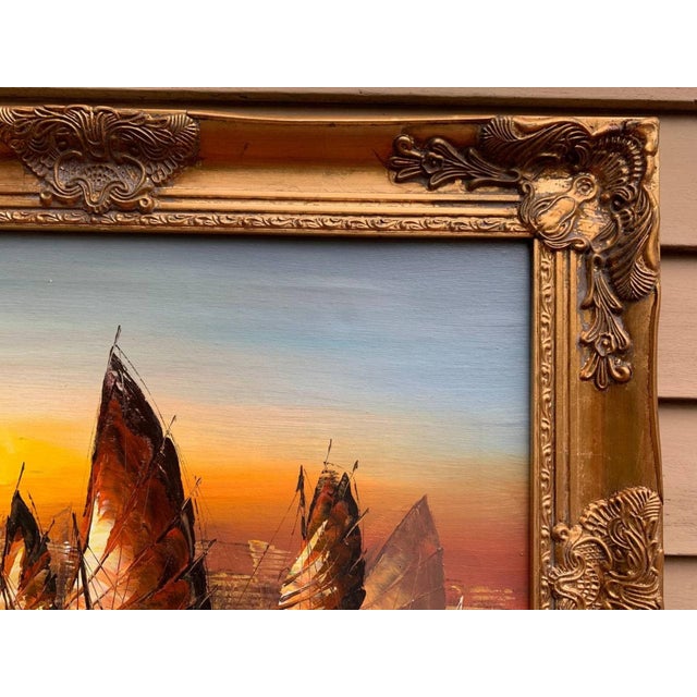 Late 20th Century Late 20th Century Stunning Oil Painting on Canvas, Seascape, Sailing Ships at Sunset, Framed For Sale - Image 5 of 12