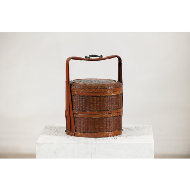 Vintage Chinese Woven Food Box with Painted Wood Bands, Double-Handled Carrying For Sale - Image 18 of 18