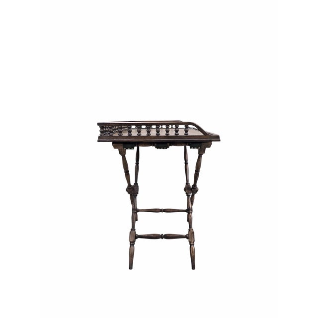 Wood Vintage English Campaign-Style Folding Tray Table With Spindle Gallery For Sale - Image 7 of 9