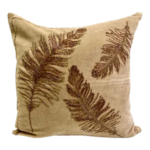 Feather Motif Embroidered Beaded Decorative Accent Velvet Pillow Cover