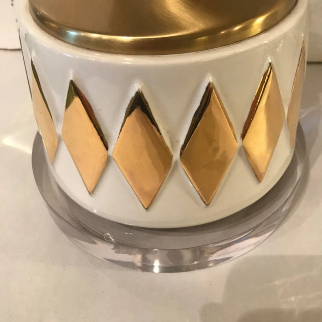 Glazed Ceramic Mid Century Gold Diamond Lamps - A Pair For Sale - Image 4 of 9