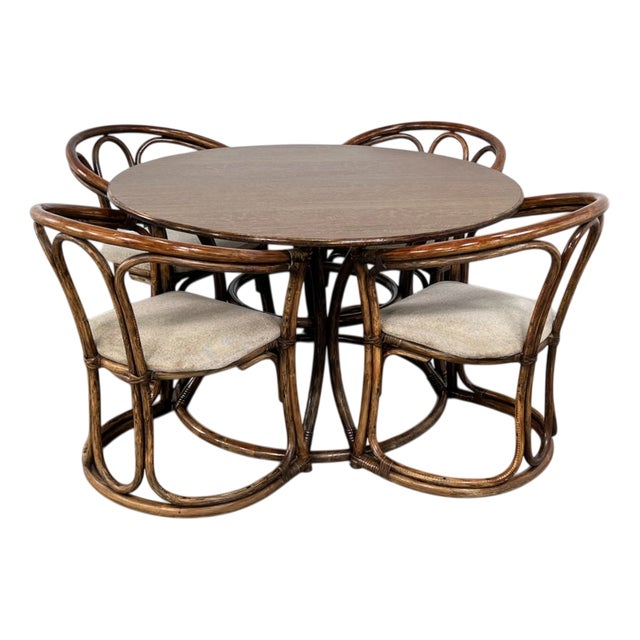 Round Oak Dining Table and Rattan Armchairs, Set of 5 For Sale