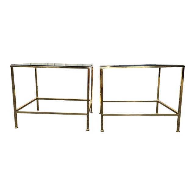 1960s Pair of Vintage Brass and Smoked Glass Side Tables in the Style of Paul McCobb For Sale