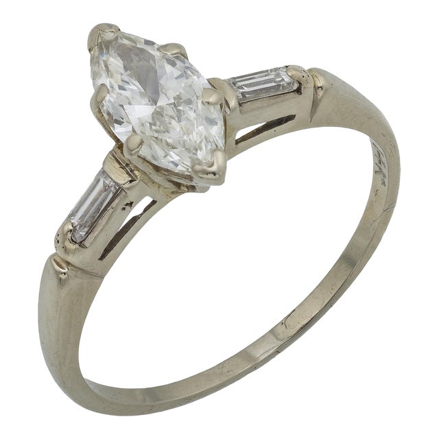 Mid Century Marquise Diamond 14k White Gold Engagement Ring, Size 6 For Sale