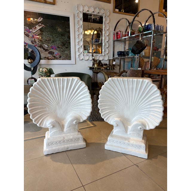 Vtg. Pair Palm Beach Coastal Concrete Scalloped Shell Seashell White Dining Table Bases For Sale - Image 12 of 12