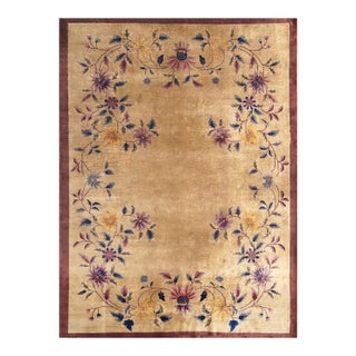 1920s Beige Floral Antique Chinese Art Deco Rug 9' X 12' Handknotted Wool Carpet For Sale