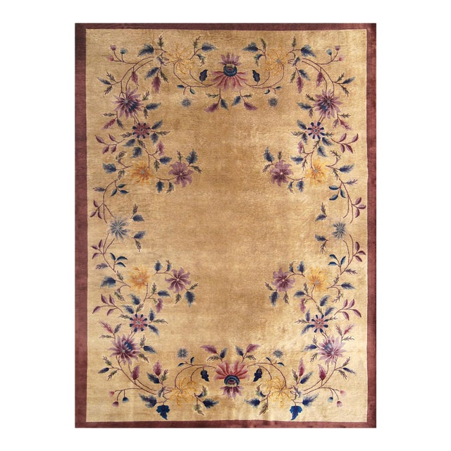 1920s Beige Floral Antique Chinese Art Deco Rug 9' X 12' Handknotted Wool Carpet For Sale