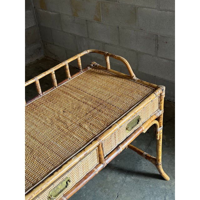 Brown 1980s British Colonial Style Burnt Bamboo and Cane Desk/ Vanity For Sale - Image 8 of 12