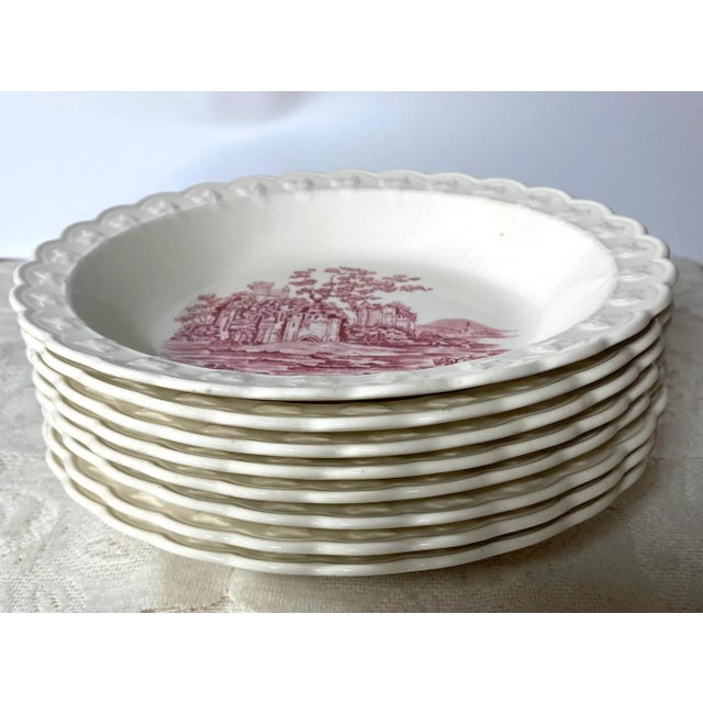 1970s Taylor, Smith Pink Castle Rim Soup Bowl - Set of 4, Dark Pink English Scenes, Garland Shape For Sale In Washington DC - Image 6 of 8
