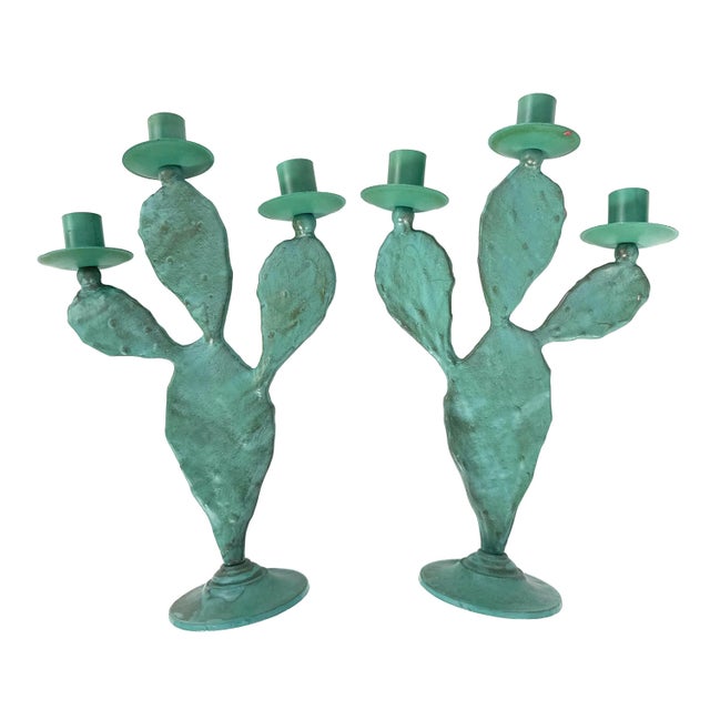 Turquoise Vintage 1990s Pair of (2) Turquoise Prickly Pear Cactus Candelabras Metal Candle Stick Holders For Sale - Image 8 of 17