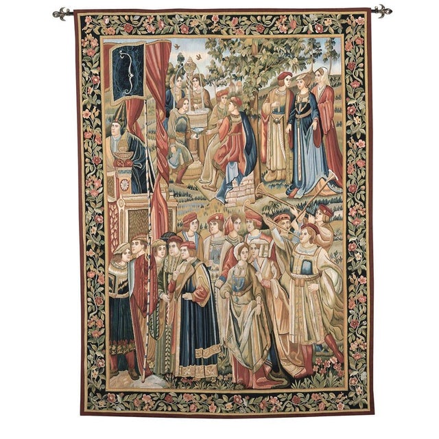 The arrival of the Court Procession is heralded by the sounding of trumpets. This tapestry was originally woven in...