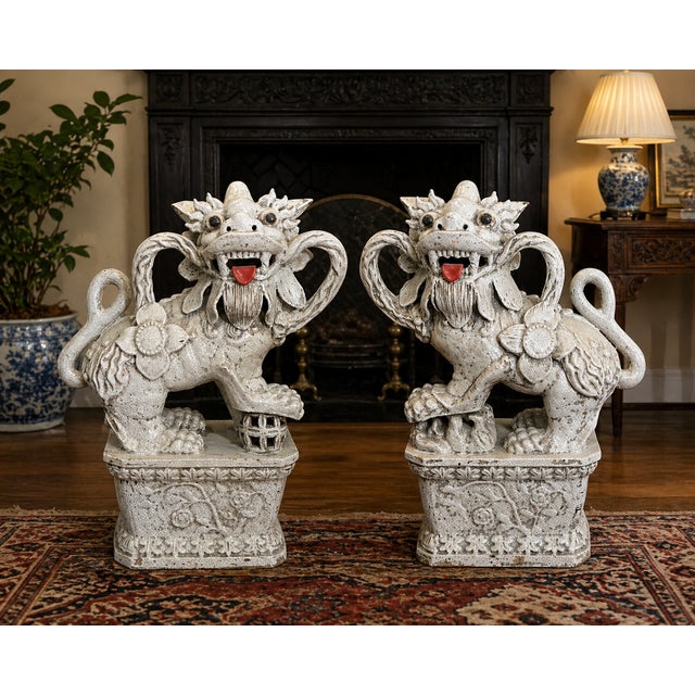 Mid-Century Large Scale Chinese Export Foo Dog Ceramic Pottery Figurines - Set of 2 For Sale - Image 4 of 7
