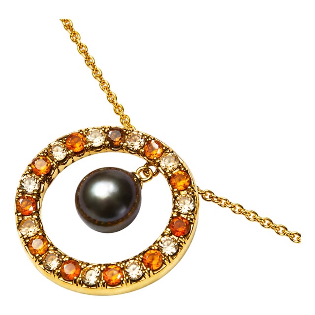 Late 20th Century 14K Yellow Gold Black Pearl Orange Citrine Topaz Pendant Necklace For Sale