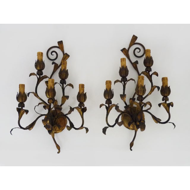 Vintage Italian Foliage Flower Wall Lights in Gold Metal, 1950s For Sale - Image 10 of 10