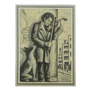 Hand Painted Wood Frame Cityscape Violinist Canvas Painting